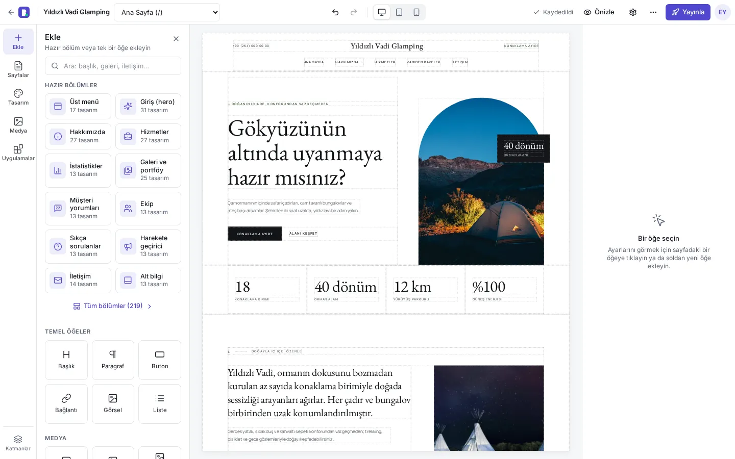 BOGA SiteBuilder sürükle-bırak editörü